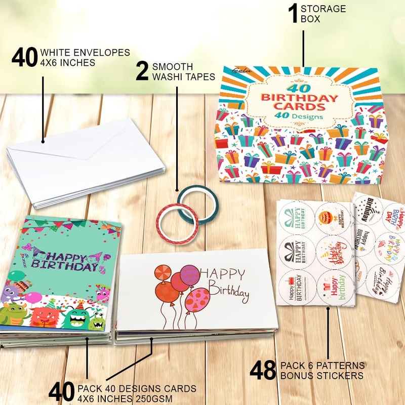 feela Birthday Cards Bulk, 40 Pack 40 Designs Happy Birthday Card Assortment Box with 40 Blank Envelopes 48 Pieces of Stickers 2 Washi Tapes, 4 X 6 Inches Greeting Cards For Girls Family Friends - Image 3